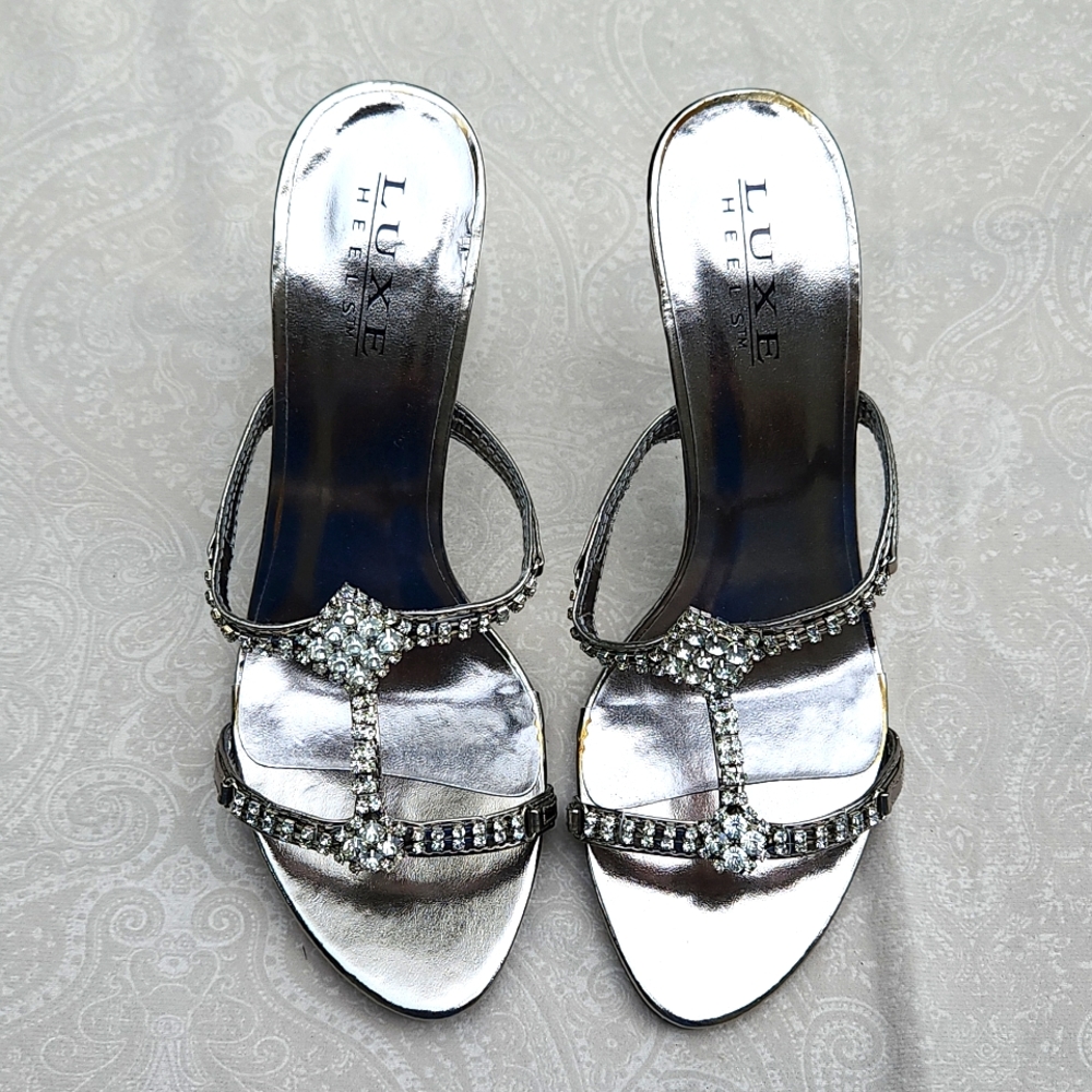 LUXE HEELS Metallic rhinestone heels size 8 silver.  Prom or party perfect!